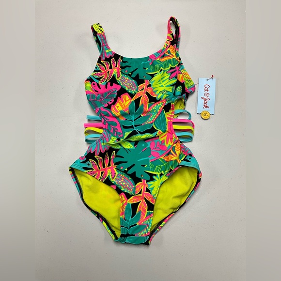 Cat & Jack Tropical Kids One Piece Swimsuit - Green, Pink, Yellow - Picture 1 of 4